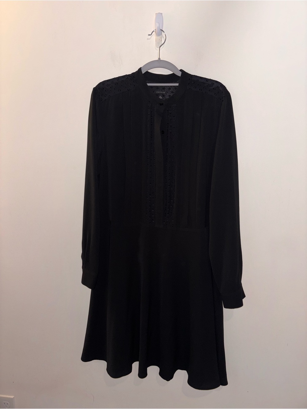 Ann Taylor Black Long-Sleeve A-Line Dress with Lace Yoke